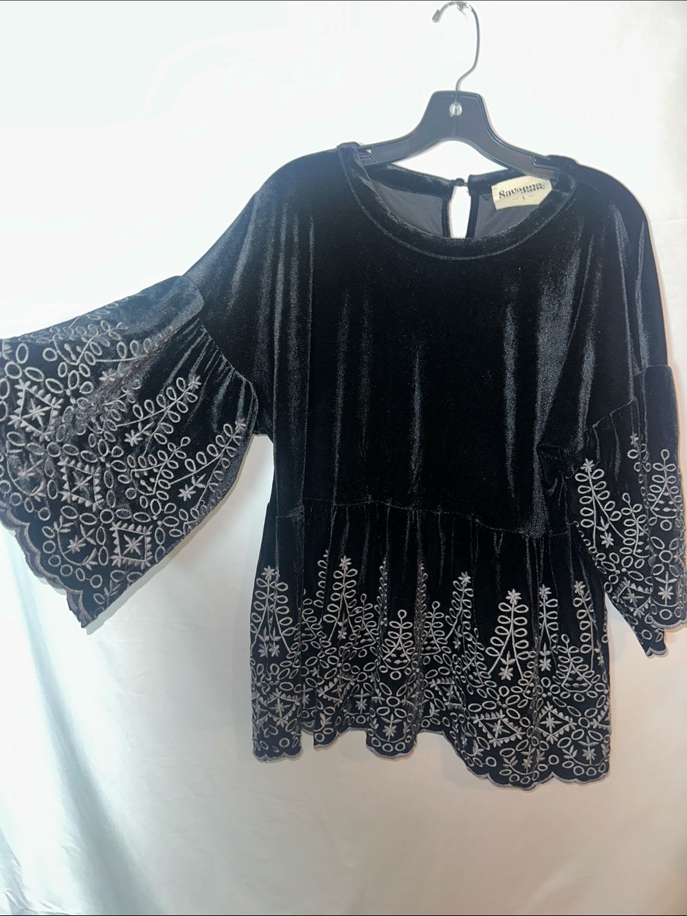Savanna Jane Black Velvet Embroidered Peplum Tunic